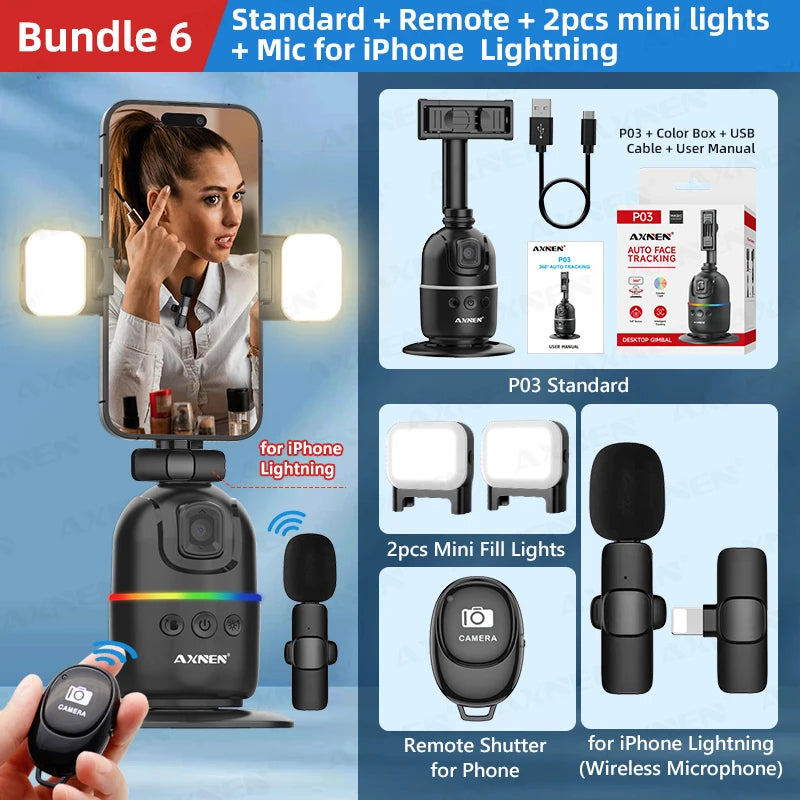 Smart Auto Face Tracking Desktop AI Gimbal – 360° Rotation, Follow Focus, Vlog Kit add-RC-Light-IPmic