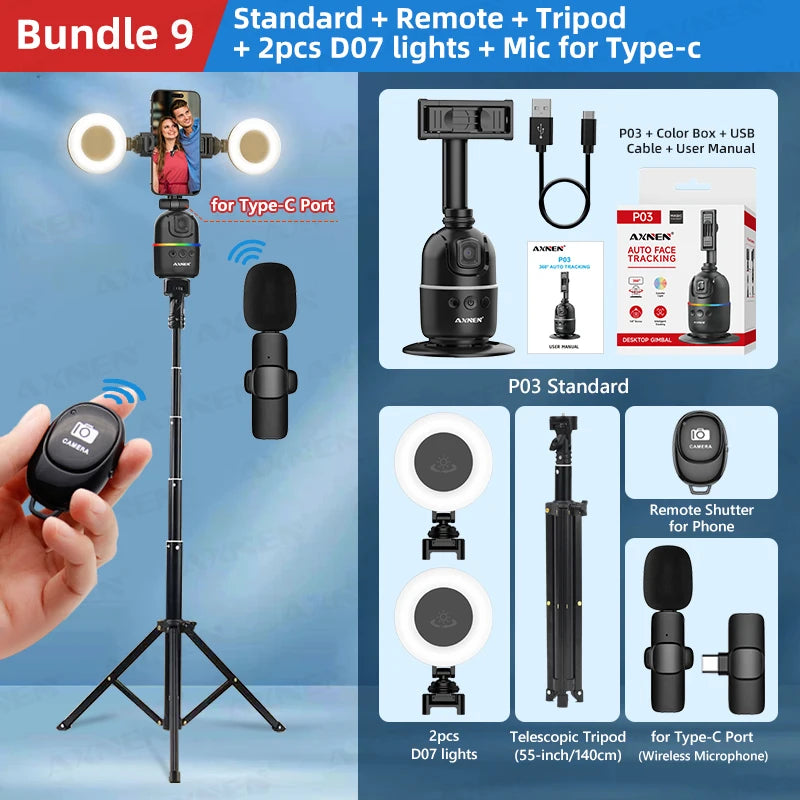 Smart Auto Face Tracking Desktop AI Gimbal – 360° Rotation, Follow Focus, Vlog Kit add-R-L-Tripod-TCmic