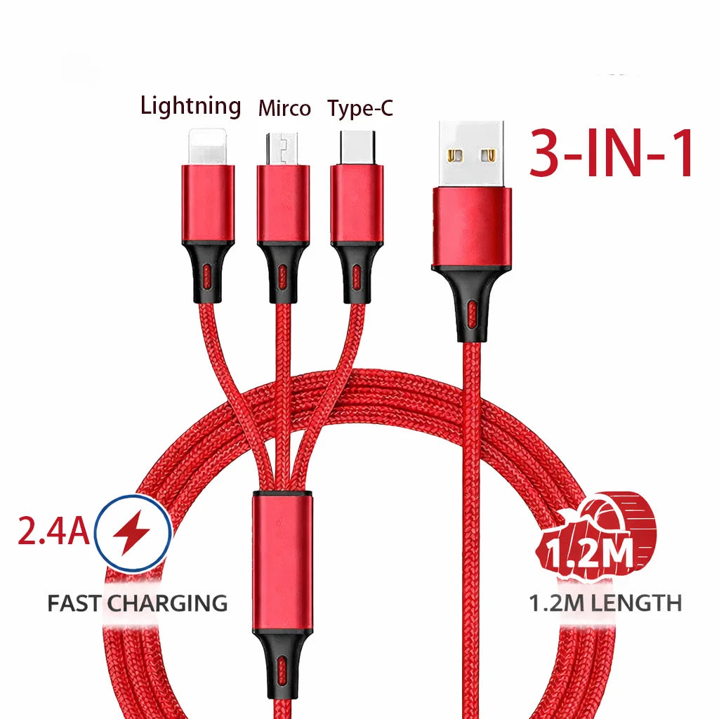 Câble Chargeur 3-en-1 – Lightning, USB-C & Micro USB | Charge Rapide 2.4A