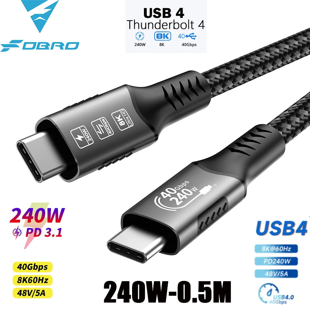 USB4 Cable 40Gbps 48V 240W For Thunderbolt 4 Type C Fast Charging Cable Thunderbolt3 USB C to C Data Transfer Cable For laptop 240W 40Gbps 0.5M