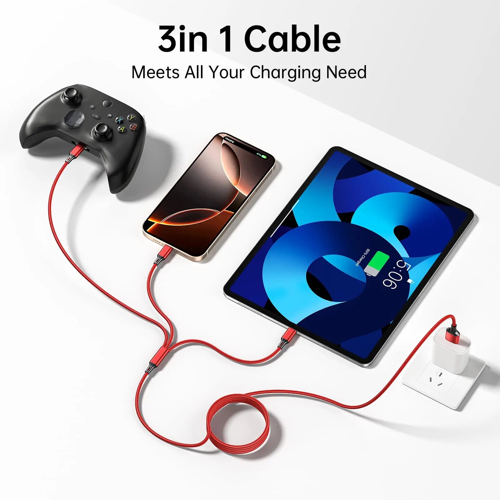 Câble Chargeur 3-en-1 – Lightning, USB-C & Micro USB | Charge Rapide 2.4A
