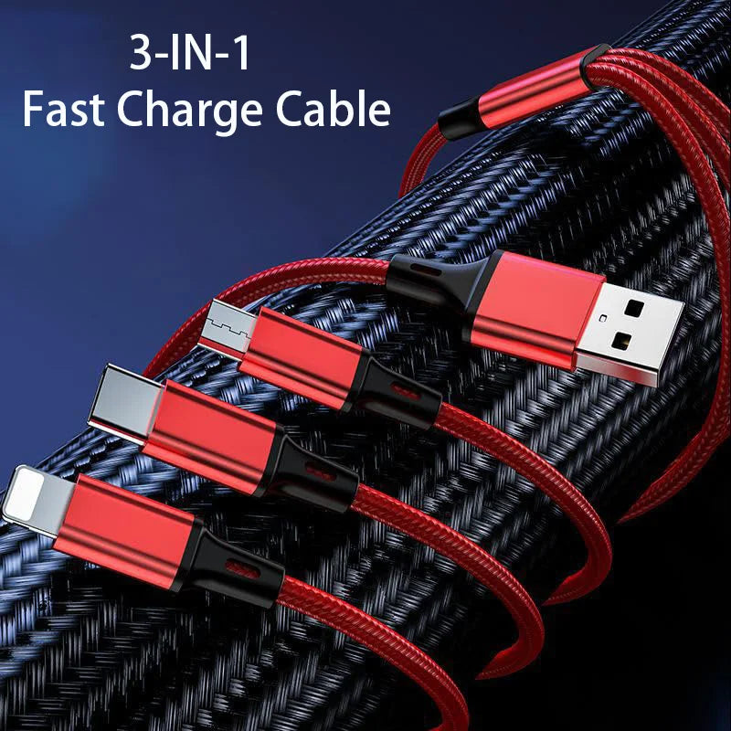 Câble Chargeur 3-en-1 – Lightning, USB-C & Micro USB | Charge Rapide 2.4A