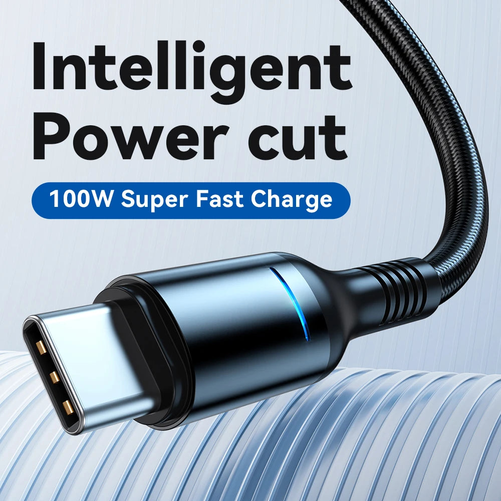 USB-C 100W 6A Fast Charging Cable with Smart Auto Power-Off LED Display Nylon Braided Cord Charger USB to Type C High-Speed Data