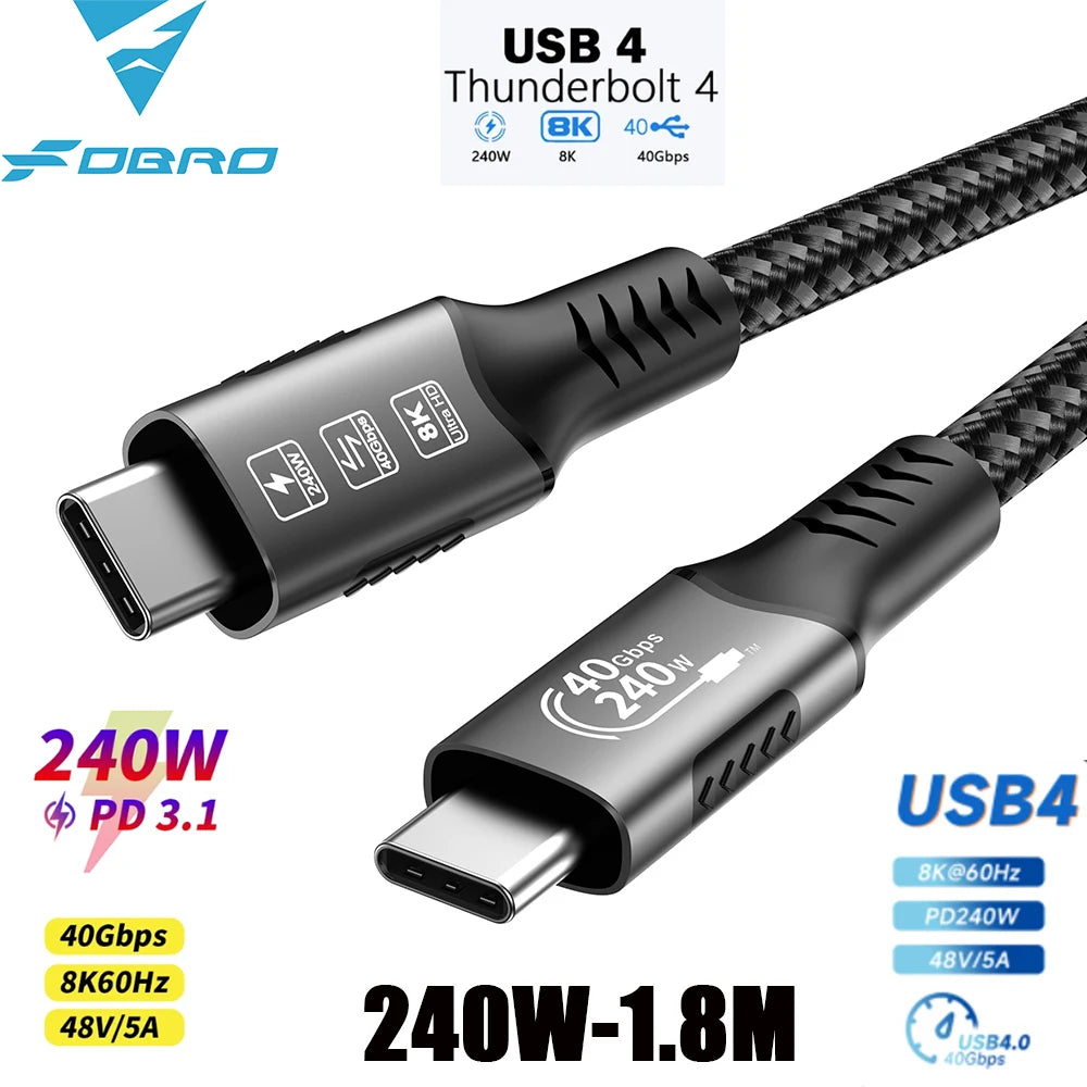 USB4 Cable 40Gbps 48V 240W For Thunderbolt 4 Type C Fast Charging Cable Thunderbolt3 USB C to C Data Transfer Cable For laptop 240W 40Gbps 1.8M
