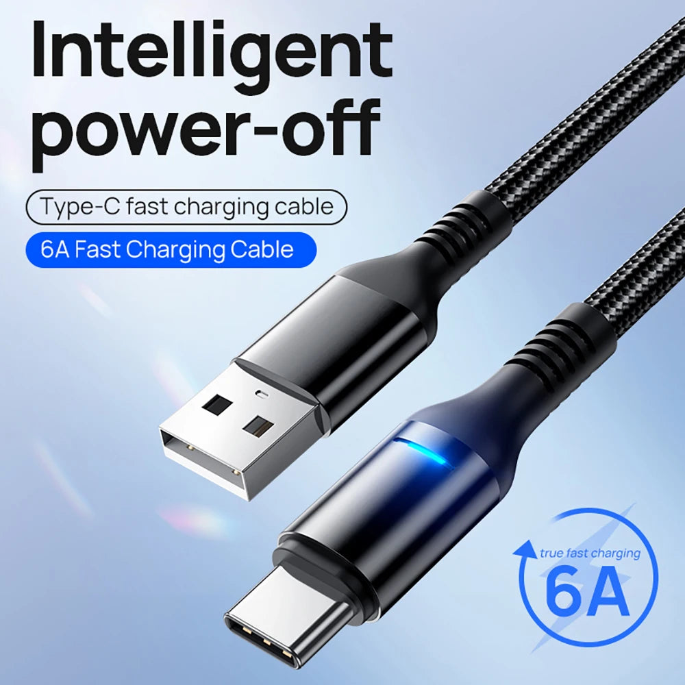 USB-C 100W 6A Fast Charging Cable with Smart Auto Power-Off LED Display Nylon Braided Cord Charger USB to Type C High-Speed Data 1.5m
