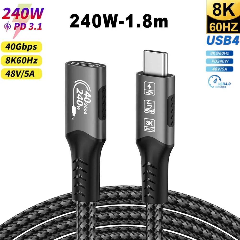 USB4 Cable 40Gbps 48V 240W For Thunderbolt 4 Type C Fast Charging Cable Thunderbolt3 USB C to C Data Transfer Cable For laptop M to F 240W 1.8M