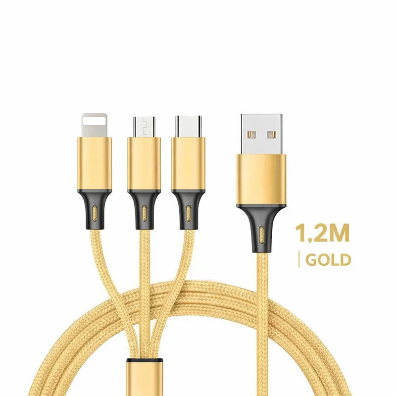 Câble Chargeur 3-en-1 – Lightning, USB-C & Micro USB | Charge Rapide 2.4A Gold-3 in 1 Cable