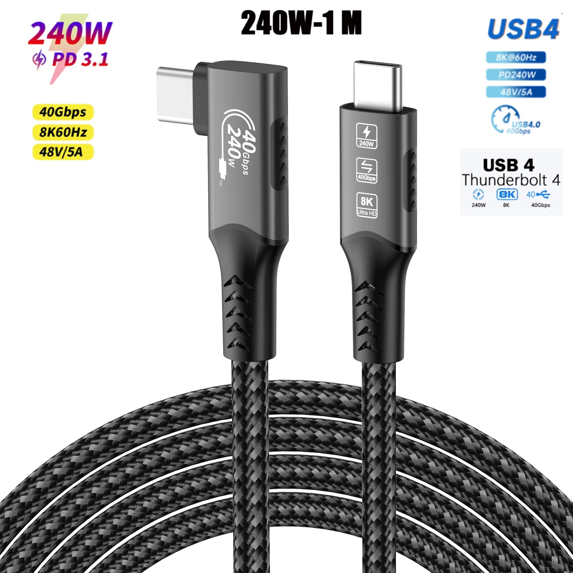 USB4 Cable 40Gbps 48V 240W For Thunderbolt 4 Type C Fast Charging Cable Thunderbolt3 USB C to C Data Transfer Cable For laptop CW 240W 1M