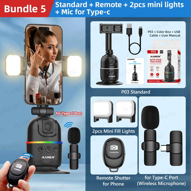 Smart Auto Face Tracking Desktop AI Gimbal – 360° Rotation, Follow Focus, Vlog Kit add-RC-Light-TCmic