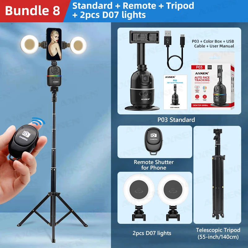 Smart Auto Face Tracking Desktop AI Gimbal – 360° Rotation, Follow Focus, Vlog Kit add-RC-Light-Tripod