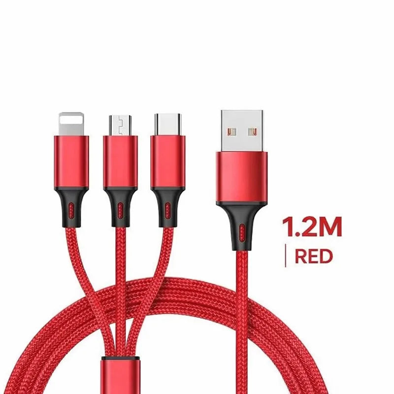 Câble Chargeur 3-en-1 – Lightning, USB-C & Micro USB | Charge Rapide 2.4A Red-3 in 1 Cable