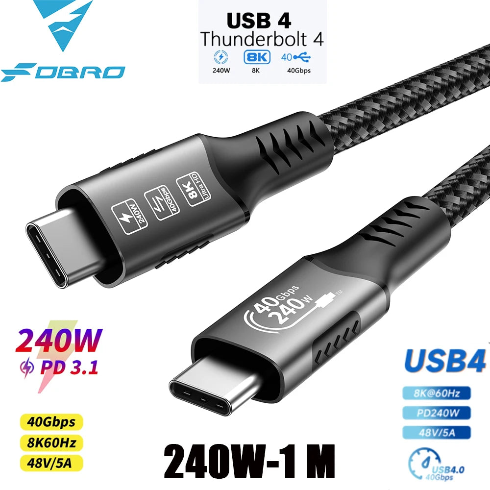 USB4 Cable 40Gbps 48V 240W For Thunderbolt 4 Type C Fast Charging Cable Thunderbolt3 USB C to C Data Transfer Cable For laptop 240W 40Gbps 1M
