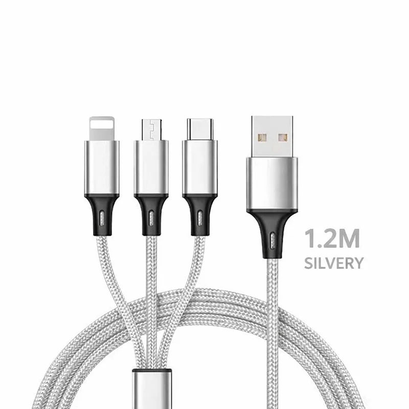 Câble Chargeur 3-en-1 – Lightning, USB-C & Micro USB | Charge Rapide 2.4A Silver-3 in 1 Cable