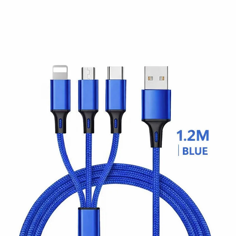 Câble Chargeur 3-en-1 – Lightning, USB-C & Micro USB | Charge Rapide 2.4A Blue-3 in 1 Cable