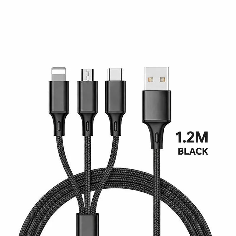 Câble Chargeur 3-en-1 – Lightning, USB-C & Micro USB | Charge Rapide 2.4A Black-3 in 1 Cable